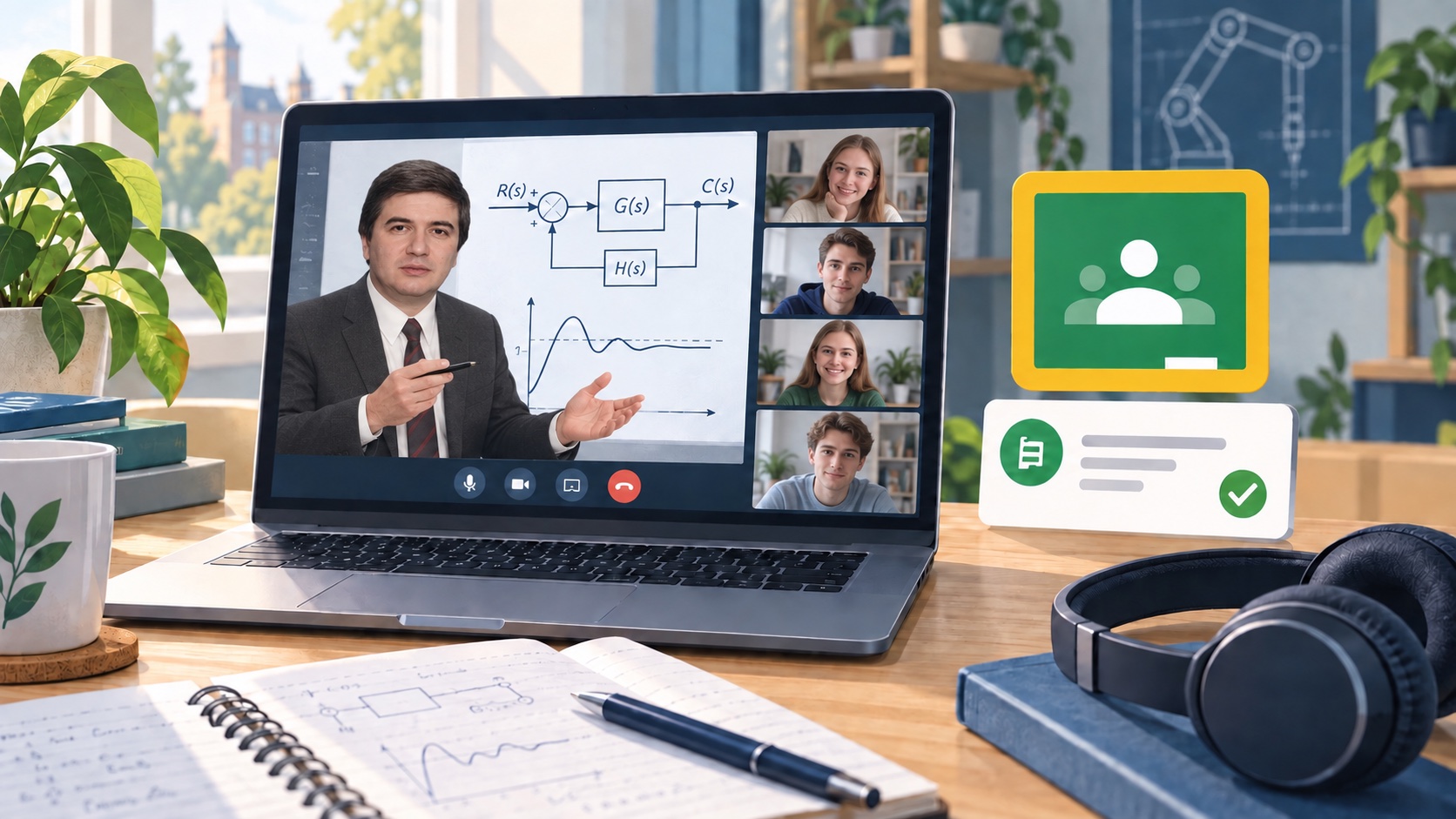 Illustration of a remote university class and Google Classroom