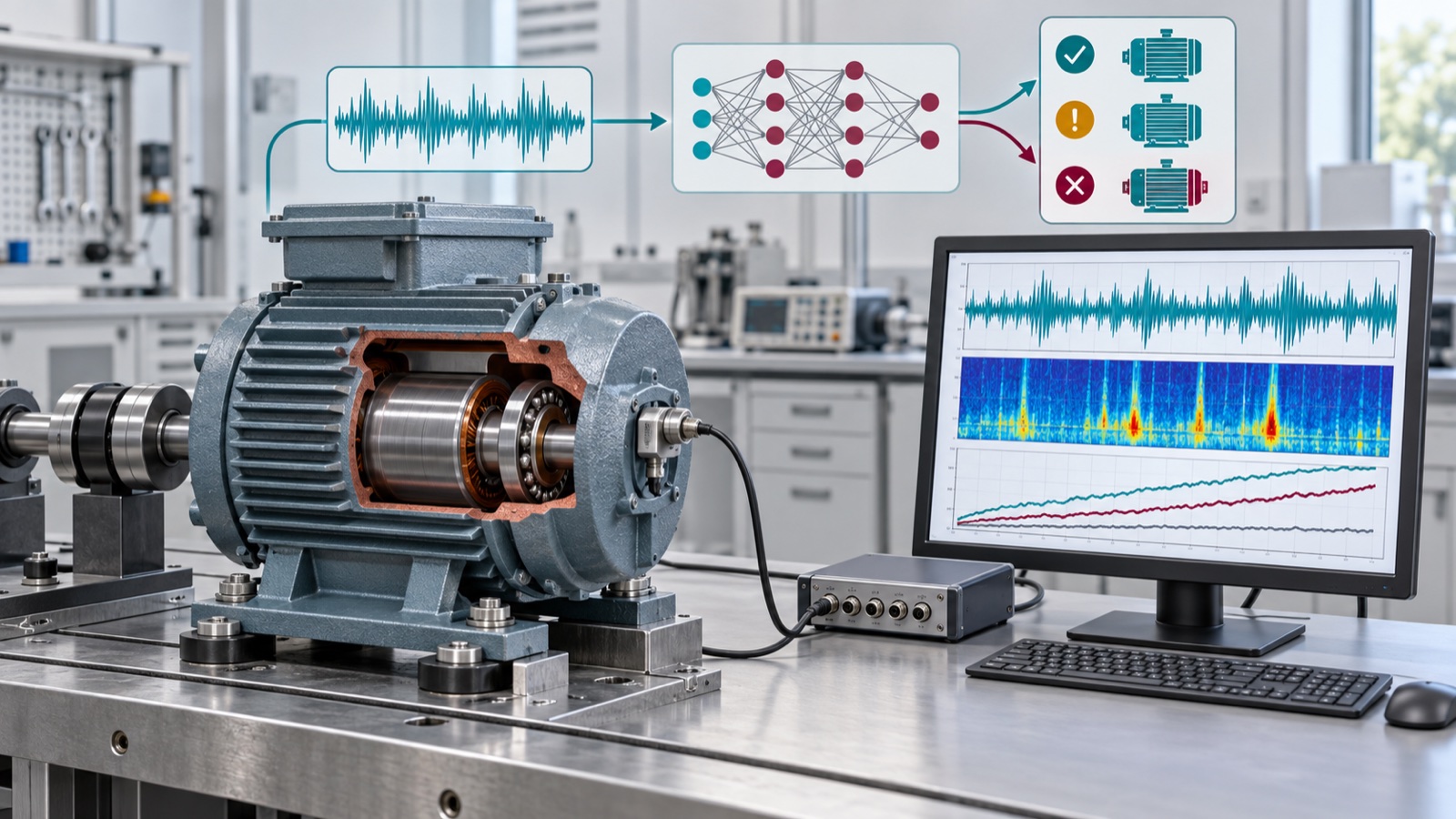 Illustration of electric motor diagnostics with a vibration sensor, spectrogram and neural-network condition analysis